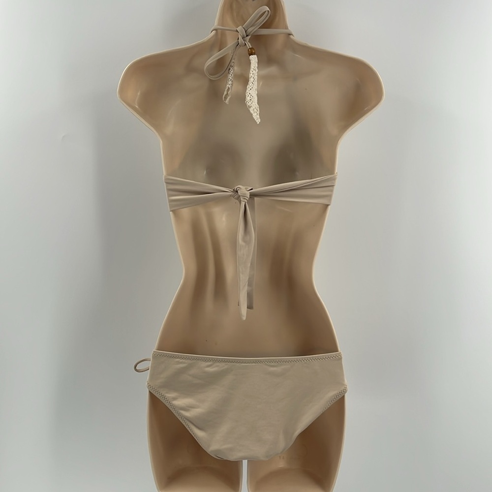 BECCA Bikini Set High Neck Crochet Lace Beaded Boho Nude Beige Tan Cream Sm/XSm - Picture 8 of 10